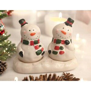 Vintage Holiday Frosty Snowmen Salt & Pepper Shakers with tray - TII Collections
